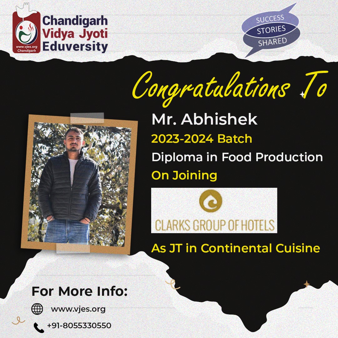 Congratulations to Mr. Abhishek 2023-2024 Batch Diploma in Food Production on Joining Clarks group of hotel as JT in Continental Cuisine.For more information speak to our education counselor at8055 330 550#cuisine #internationalcuisine #continentalcuisine