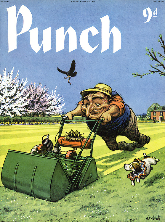 Today's PUNCH colour cover. That time of year! Norman Thelwell mows the lawn in 1958 #gardens #gardening #gardeners #Spring #grass #growth #blossoms #birds #lawnmowers #trees #fledglings