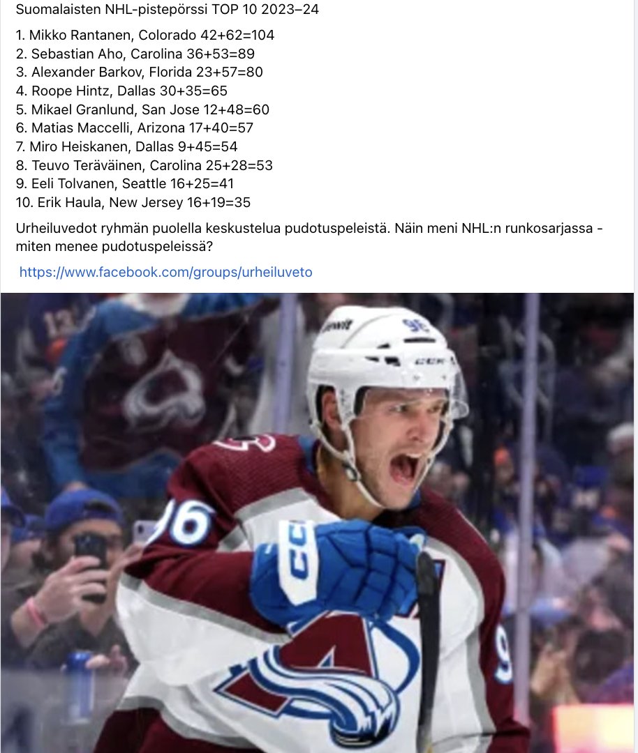 Suomalaisten NHL-pistepörssi TOP 10 2023–24

#vedonlyönti #betsit 

Urheiluvedot ryhmän puolella keskustelua pudotuspeleistä. Näin meni NHL:n runkosarjassa - miten menee pudotuspeleissä?   

facebook.com/groups/urheilu