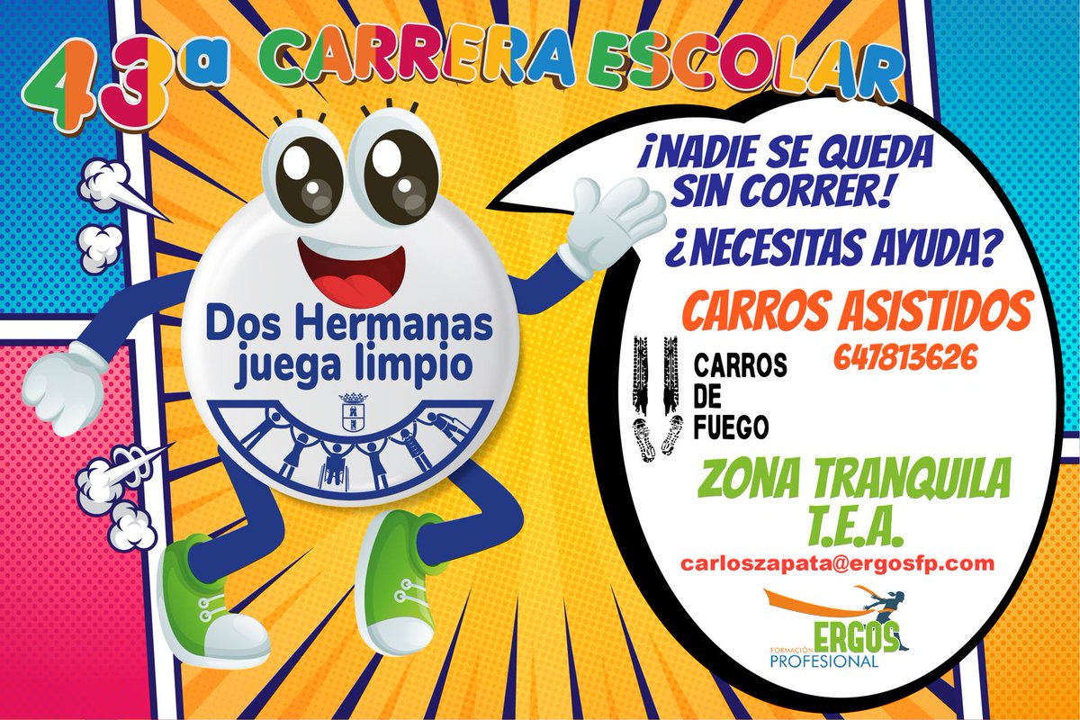 🏎️ ¡Niños/as con movilidad reducida, a correr! Tenemos carros asistidos y expertos gracias a Carros de Fuego. Llámanos: 647813626. Zona tranquila para niños T.E.A. con Ergos. ¡A la pista! ℹ doshermanas.net/actividades/43… #DeportesDosHermanas #DosHermanas #DosHermanasJuegaLimpio