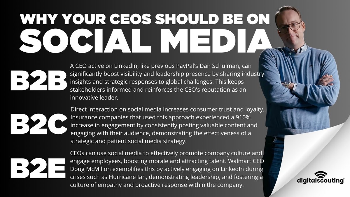 Why your CEO should be on social media? Steal these points for your next presentation 👇 This is one of the FAQs whenever I am in conferences but the question isn't whether your CEO should be on social media - why they're not doing it? Let’s talk facts: B2B Impact: Take