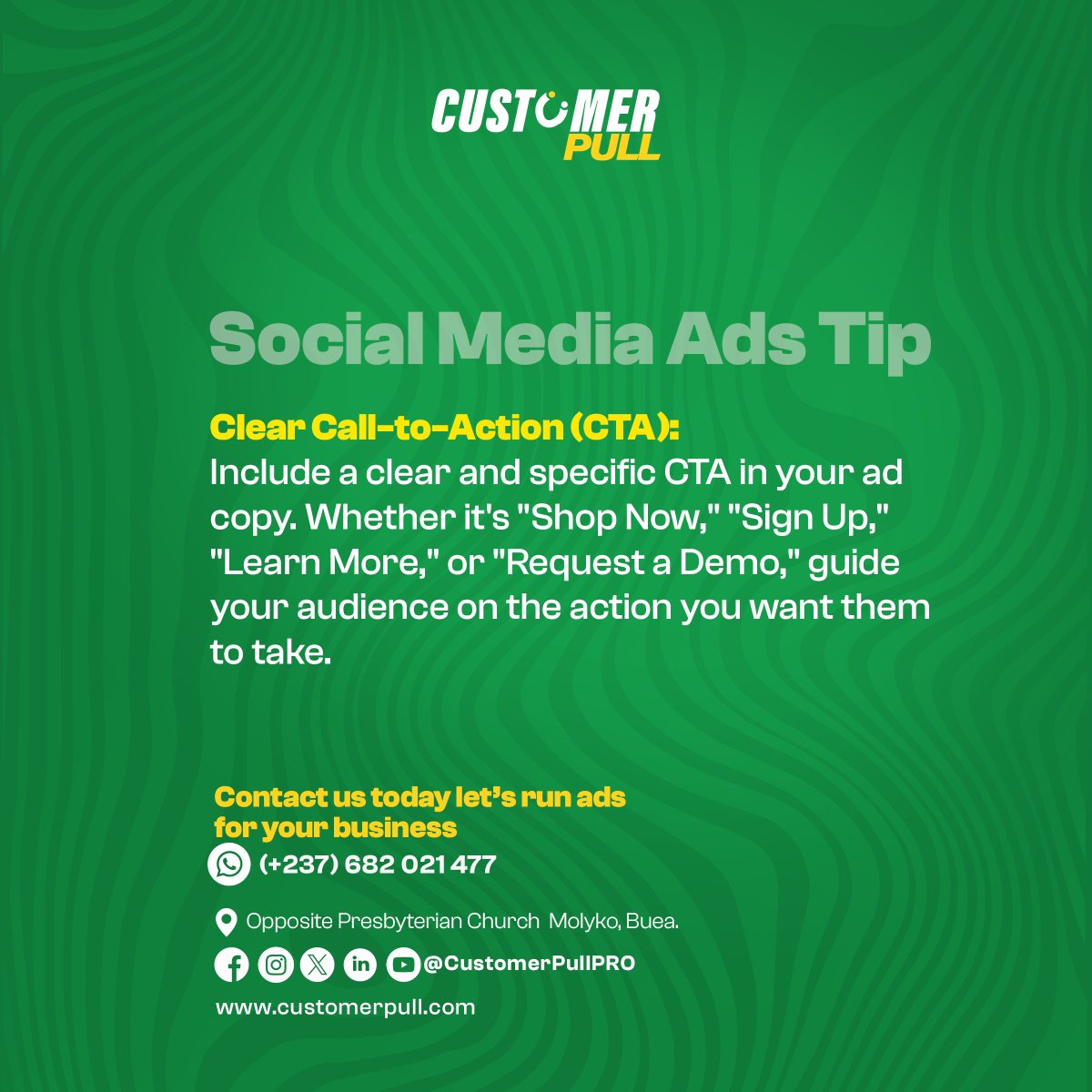 customerpullPRO's tweet photo. Friday Tip: Social Media Ads

Include a clear and specific CTA in your ad copy. Whether it's "Shop Now," "Sign Up," "Learn More," or "Request a Demo," guide your audience on the action you want them to take.

Contact us today let’s run ads for your business: 682021477 https://t.co/S7kKM7Y0ph