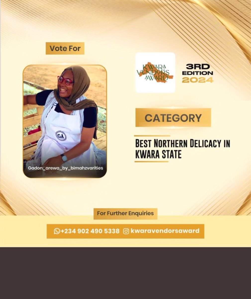 kwaravendorsaward.com.ng Hi my beautiful people Your baby girl has been Nominated again for Best Plug For Northern Delicacies in ilorin Pls Do well to vote Gardonarewa option A(Gardonarewa ) click on it and press vote. You can vote every 30minutes. God bless you.