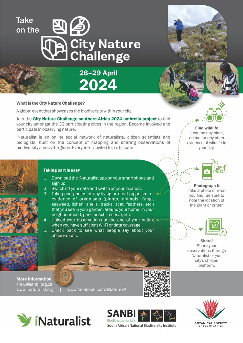 We are excited to announce the City Nature Challenge 2024 in collaboration with the Botanical Society of South Africa (BotSoc) and our network of partners across participating cities. Mark your calendars! #CityNatureChallenge #UrbanBiodiversity #CitizenScience #SANBI #BotSoc