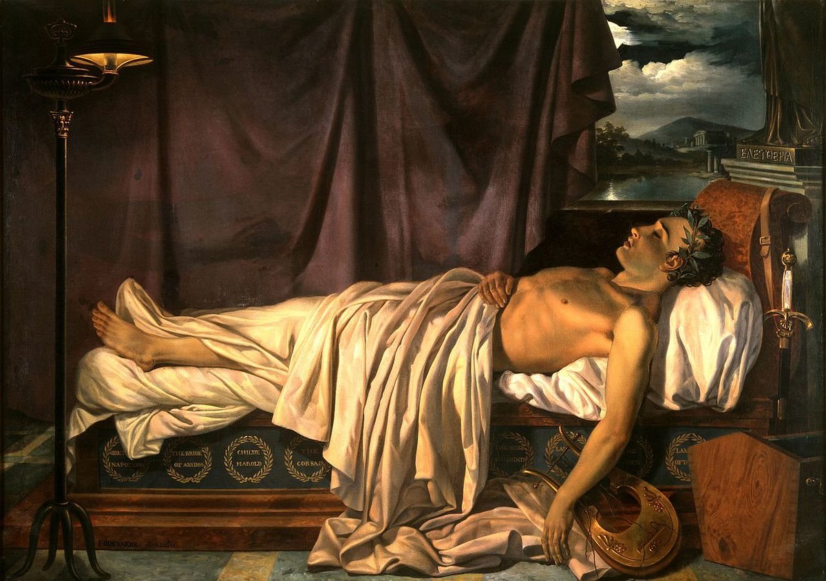 In the town of Missolonghi, on the western coast of Greece, suffering a violent fever and the fatal treatments of his doctors, — leeches, enemas, blisterings, bloodlettings, laudanum, ether — Lord Byron opens and shuts his eyes one last time, and dies. — April 19 1824.