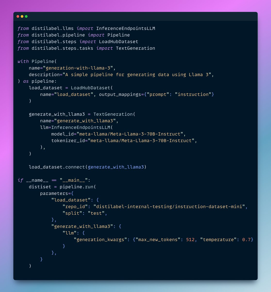 @huggingface PRO or Enterprise user? Then you can combine distilabel 1.0.0 and Llama 3 recent releases to generate a synthetic text dataset using serverless endpoints 🤗