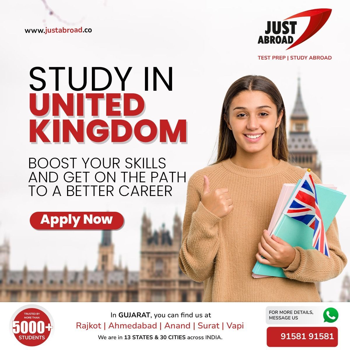 🎓🇬🇧 Ready to take your career to the next level? Study in the United Kingdom and boost your skills for a brighter future! 🌟✈️ 

#JustAbroad #StudyInUK #CareerBoost #FutureLeaders #DreamBig #GlobalEducation #EducationalAdventure #ExploreTheWorld #YourPathToSuccess #UKExperience