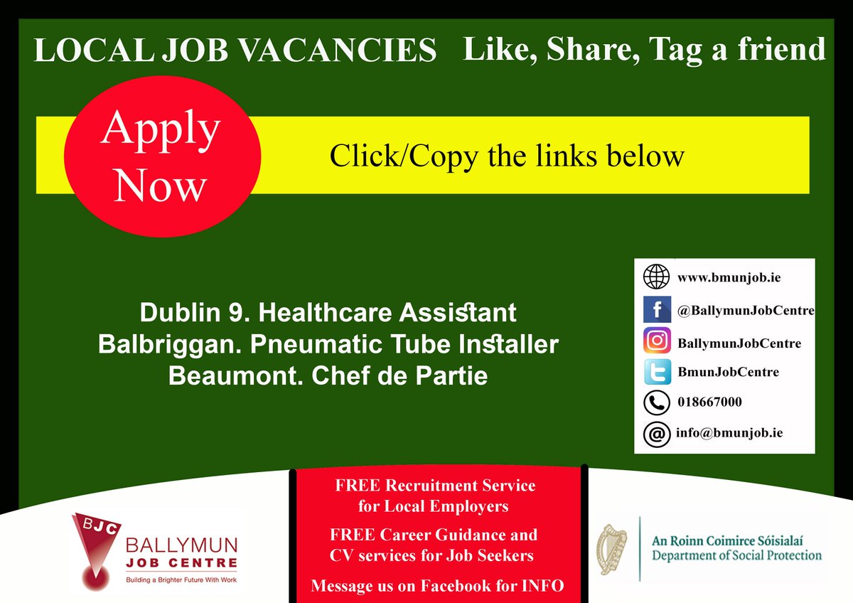 👉 Visit us at: Bmunjob.ie Vacancies #bmunjob #jobfairy #dublinjobS Dublin 9. Healthcare Assistant jobsireland.ie/en-US/job-Deta… Balbriggan. Pneumatic Tube Installer jobsireland.ie/en-US/job-Deta… Beaumont. Chef de Partie jobsireland.ie/en-US/job-Deta…