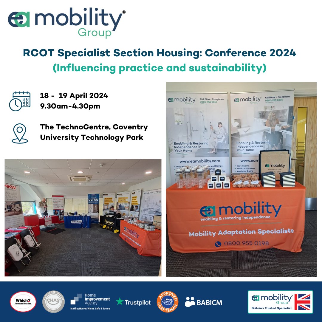 Missed us yesterday? Don't worry! You still have a chance to catch EA Mobility at the RCOT Specialist Section Housing Conference 2024 in Coventry today. Swing by The TechnoCentre to explore our innovative solutions for accessible living. #RCOTSSHousingconference2024 #EAMobility