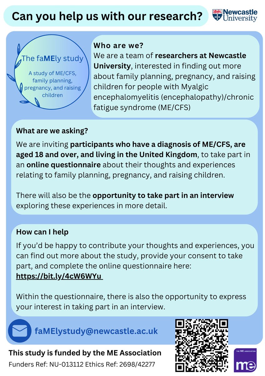 Can you help us with our research?! Please see the attached flyer for more information about the study, and for ease the survey can also be accessed here: bit.ly/4cW6WYu #MECFS #ME #MEResearch