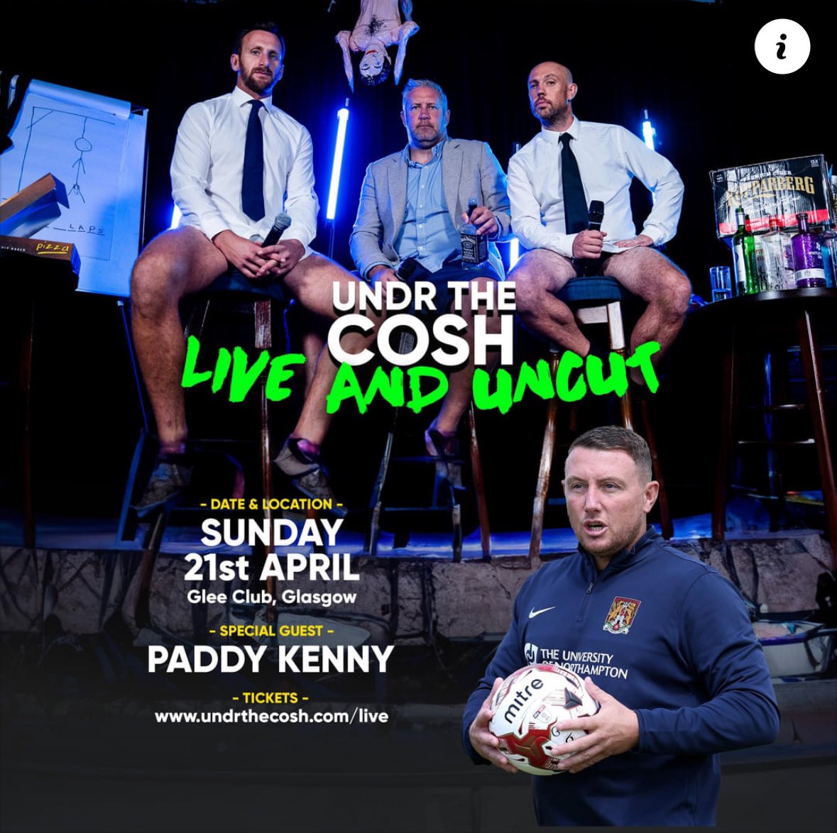 Coming up tonight! 🕡👇 @UndrTheCosh: Live And Uncut, with special guest @paddykenny17 Doors: 6:30pm Last entry: 7pm Approx finish: 10pm 🎟️ Tickets can be purchased on the door or in advance from bit.ly/UndrTheCoshGla…