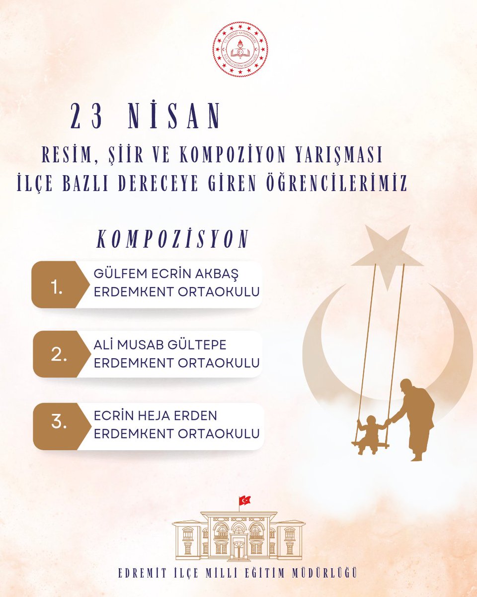 23 NİSAN RESİM, ŞİİR VE KOMPOZİSYON YARIŞMASI'NDA EDREMİT İLÇEMİZDE DERECEYE GİREN ÖĞRENCİLERİMİZ. 

Öğrencilerimizi ve emektar öğretmenlerimizi tebrik eder, başarılar dileriz. 

<a href="/tcmeb/">Millî Eğitim Bakanlığı</a> <a href="/VanilMem/">Van İl Milli Eğitim Müdürlüğü</a> <a href="/mnaras/">M.Nurettin ARAS🇹🇷</a> <a href="/elif6571/">Elif Yörük🇹🇷</a>