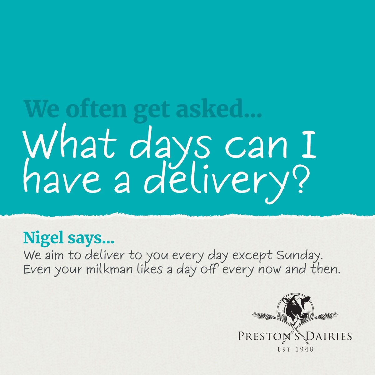 What days can I have a delivery? 📅 Every day except Sunday. #TGIF #FriYay #FridayFun #FeelGoodFriday #Milkman #DairyDelivery #LocallySourced #SupportLocal #MilkDelivery #SustainableLiving #ReduceWaste #HealthyLifestyle #Cleckheaton #Mirfield #Gomersal #Liversedge #Heckmondwike