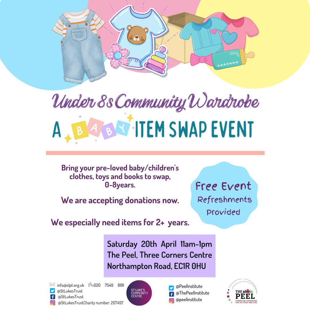 A reminder that our next Baby Item Swap Event is happening TOMORROW Sat 20th April at The Peel from 11am to 1pm. We are especially looking for more TOYS, and clothes for children aged 2 - 8 years, as we have lots of baby clothes already. No electricals or large items please!