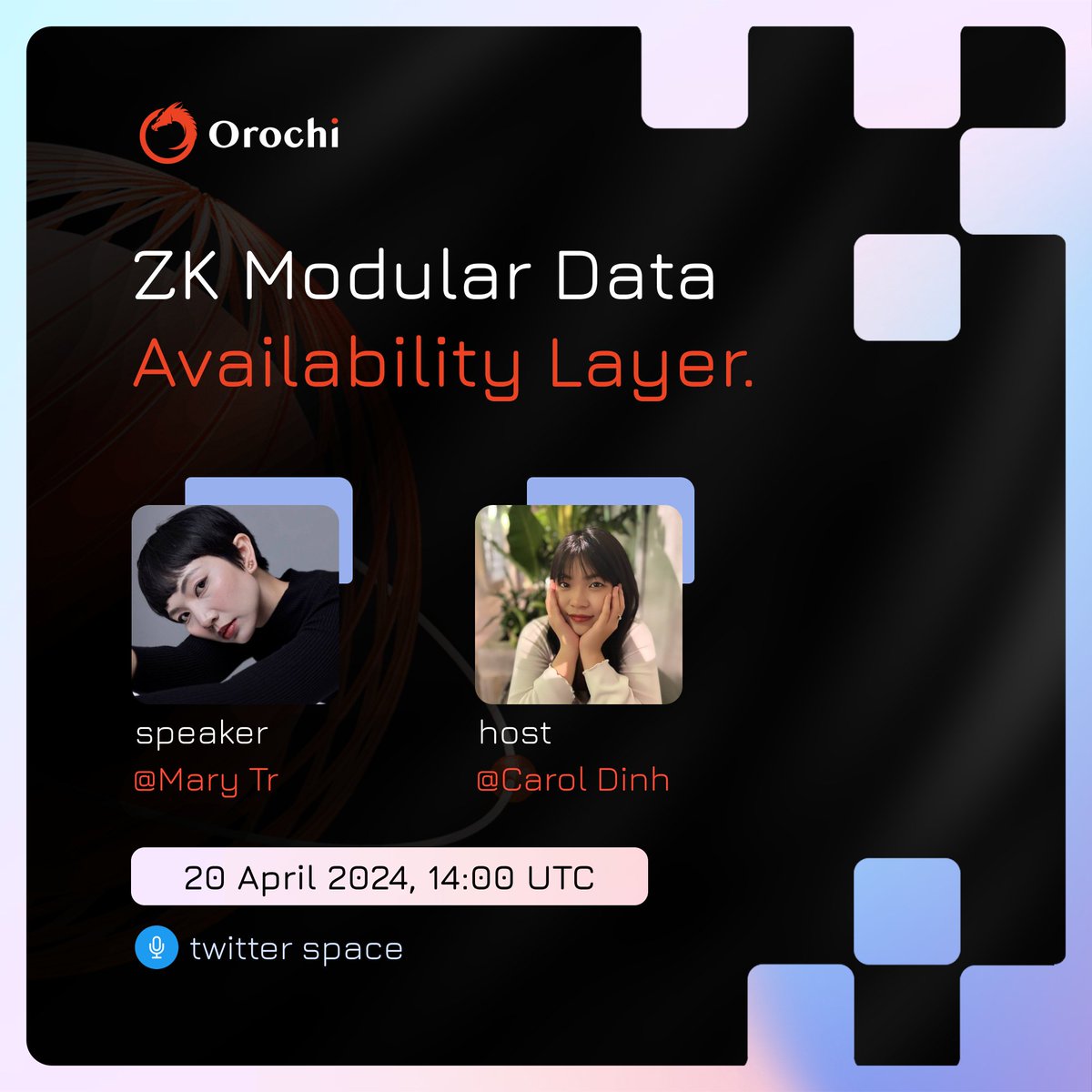OrochiNetwork's tweet image. AMA | "Building The Zero Knowledge Modular Data Availability Layer" with our Co-founder! 🛎

🔗 Galxe: app.galxe.com/quest/GsXsSdsU…
🎲 Be alert! During the AMA, we'll be dropping a secret code at a specific moment. Collect the secret code, fill in Galxe Quiz Task to receive 50$
