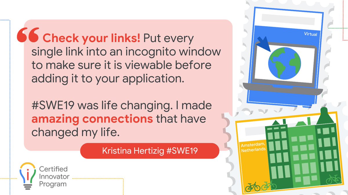 Don't miss out on life-changing connections! A top tip from @HertzigK for your Google Certified Innovator application 👉 double-check those links! Join our webinar today for more advice on the application process ➡️ rsvp.withgoogle.com/events/innovat… @misskwells #GoogleEdu