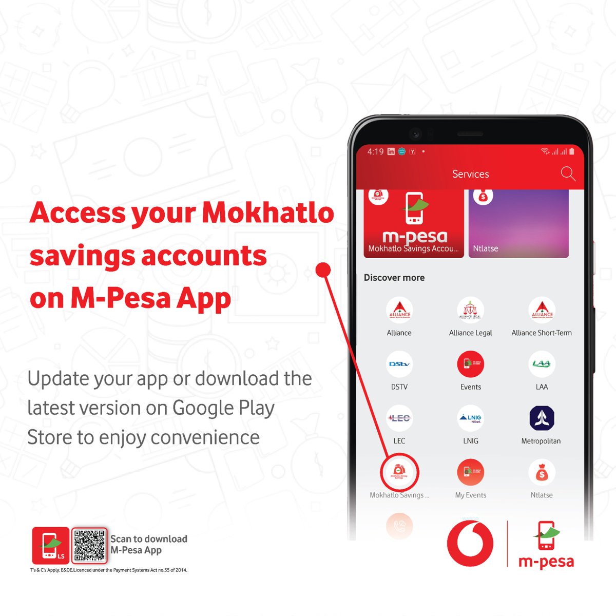 Na u ne u tseba hore u ka phetha mabaka a Mokhatlo ka App ea M-Pesa? U ka lefa seabo sa hao, kapa oa ngolisa setho se secha le tse ling tse ngata. Penya: bit.ly/mpesals-group-… ho fumana M-Pesa App. #ChangingLives