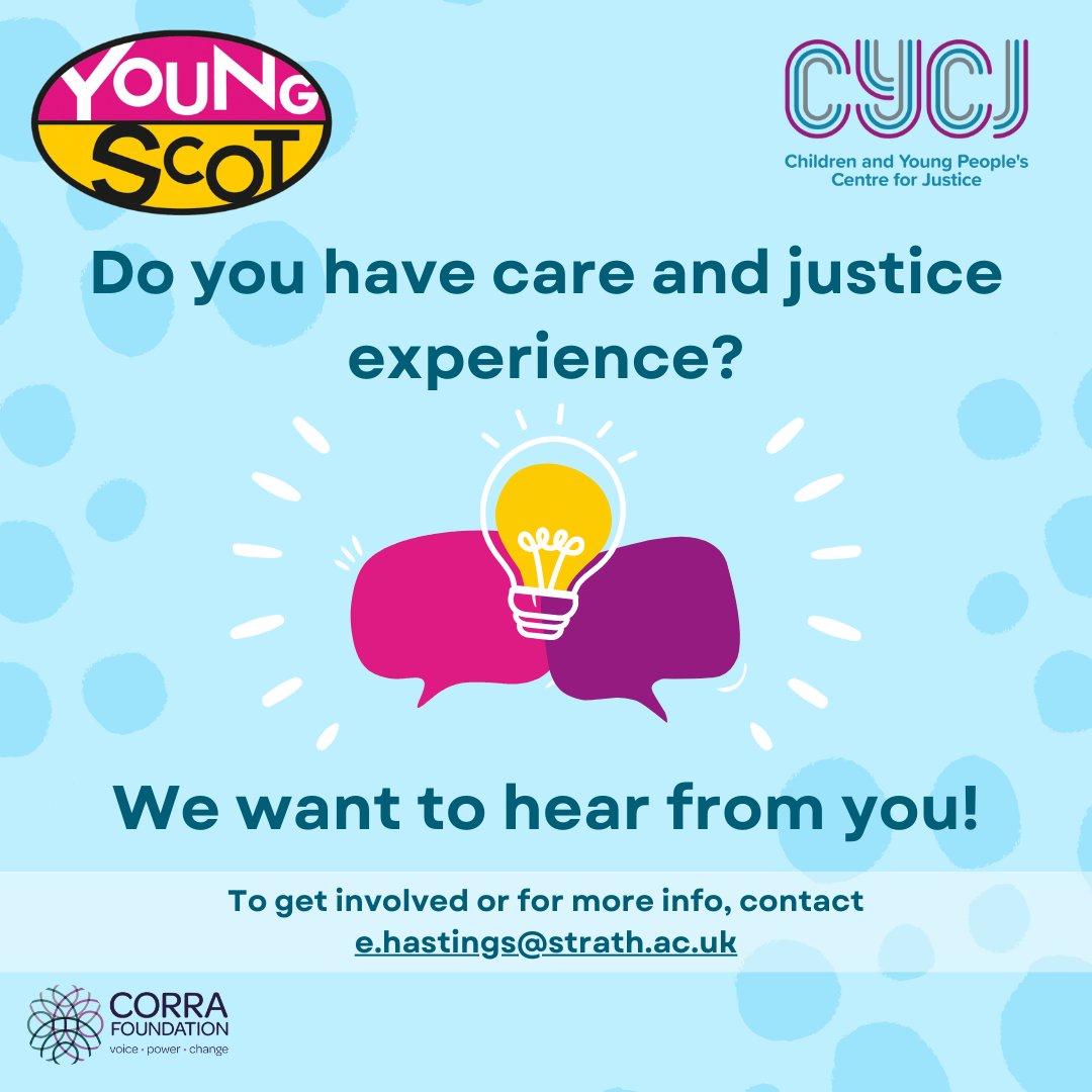 Thanks to <a href="/corrascot/">Corra Foundation</a> Promise Partnership funding, we're working with <a href="/YoungScot/">Young Scot</a> to design a package of items &amp; experiences for children&amp;young people with care and justice experience.

We're looking for people aged 11-26 to help design this. If you want more info, contact Erin 👇