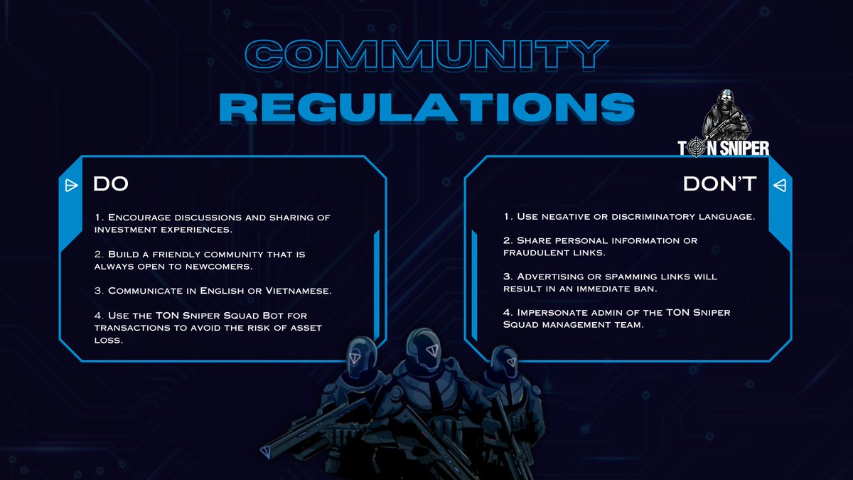 🔥 TON Sniper Squad COMMUNITY GUIDELINES 🔥

✔️  Use the TonTradingBot for transactions to avoid the risk of asset loss: t.me/Ton_TradeBot?s…

📖 INSTRUCTIONS FOR USING TONTRADINGBOT TO TRADING: t.me/TonSniperAnn/46
