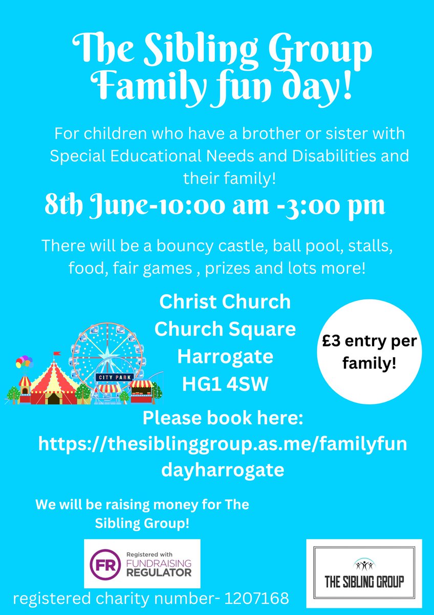 We are SO excited to announce our family fun day in Harrogate! When: 8th June - 10 AM till 3 PM (you can arrive and leave whenever you wish) Where: Christ Church, Church Square, HG1 4SW Please book here so we know who is coming: thesiblinggroup.as.me/familyfundayha…