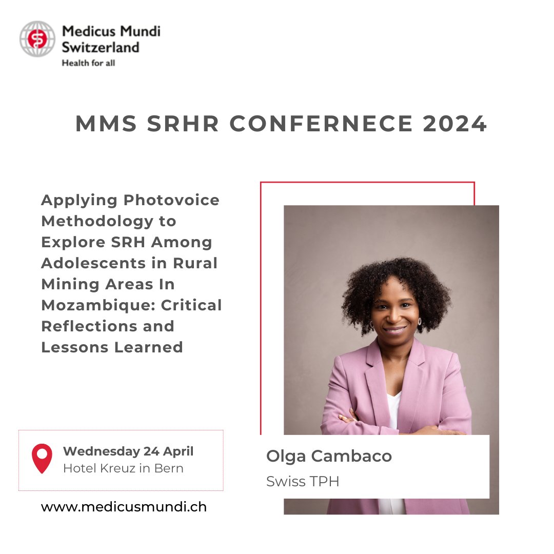📢5 days to go 📢 Great to have you with us Olga @SwissTPH introducing the photovoice method to understand #adolescents #SRHR needs in rural Mozambique. Don't miss this year's event- book your tickets now! 😎 📌 MMS #SRHR Conference 📆 24 April 2024 medicusmundi.ch/de/austausch-u…