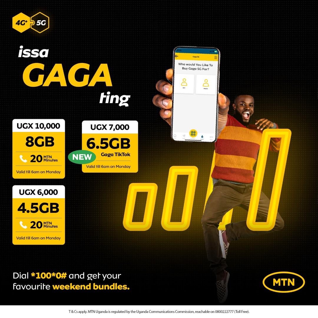Turn on a downloading, streaming, chatting vaganza by loading the #GagaWeekend bundle from @mtnug now. 🫨💛 Do Dial *100*0# or seamlessly activate a bundle of your liking using the #MyMtn App via mtn.co.ug/mymtn okigaale. #UnstoppableNetwork #TogetherWeAreUnstoppable