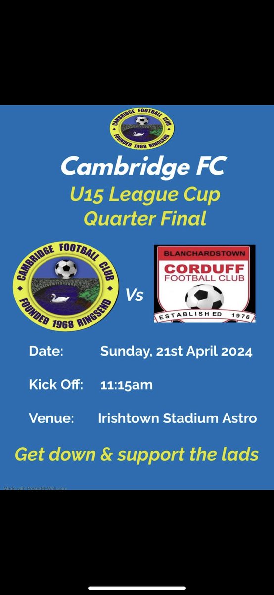 The latest quarter final for the club takes place this Sunday against @CorduffFC try your best to get down to support the team ⚽️🔵⚪️