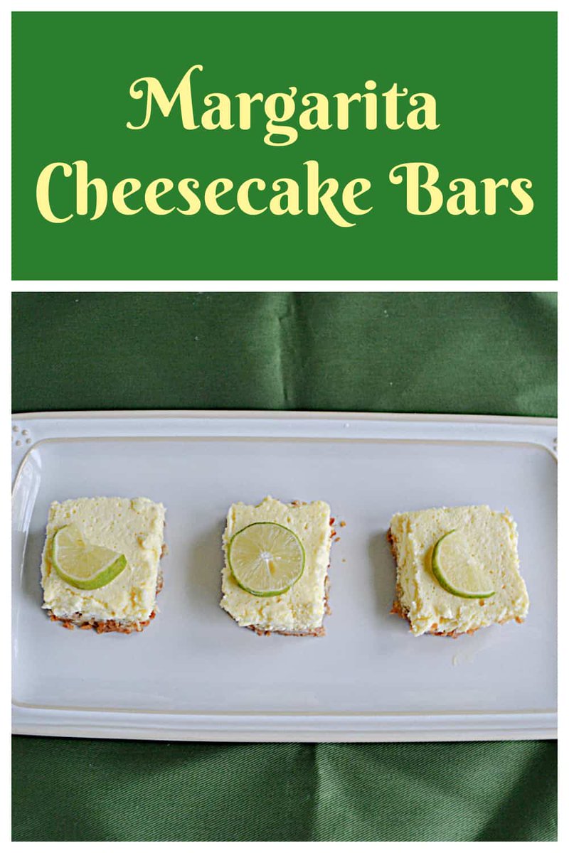 Margarita Cheesecake Bars have a silky smooth texture that is sweet and tart from the limes with a salty pretzel crust. #margarita #cheesecake #cincodemayo #dessert hezzi-dsbooksandcooks.com/margarita-chee…