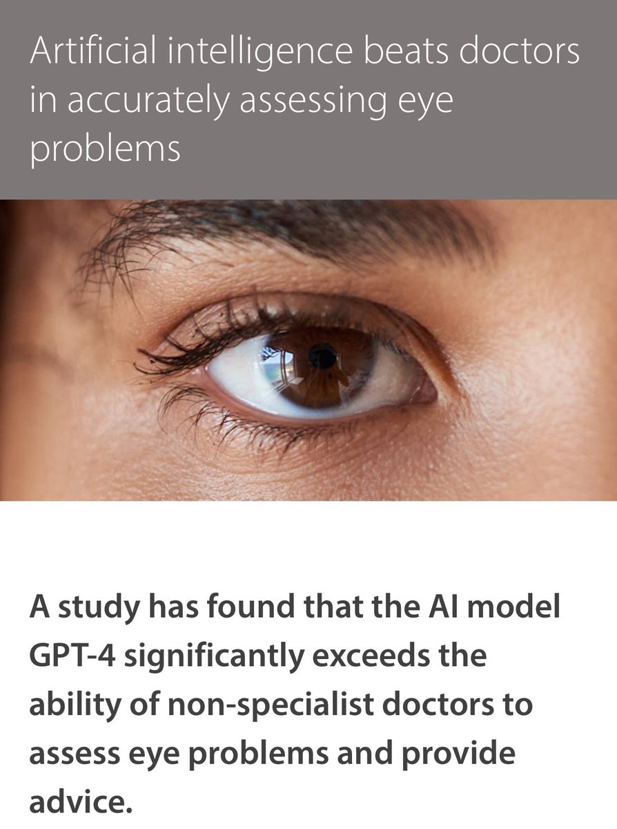 #AI model #GPT4 scored significantly better in the test than unspecialised #juniordoctor.

GPT-4 gained similar scores to trainee and expert eye doctors - although the top performing doctors scored higher.

journals.plos.org/digitalhealth/…