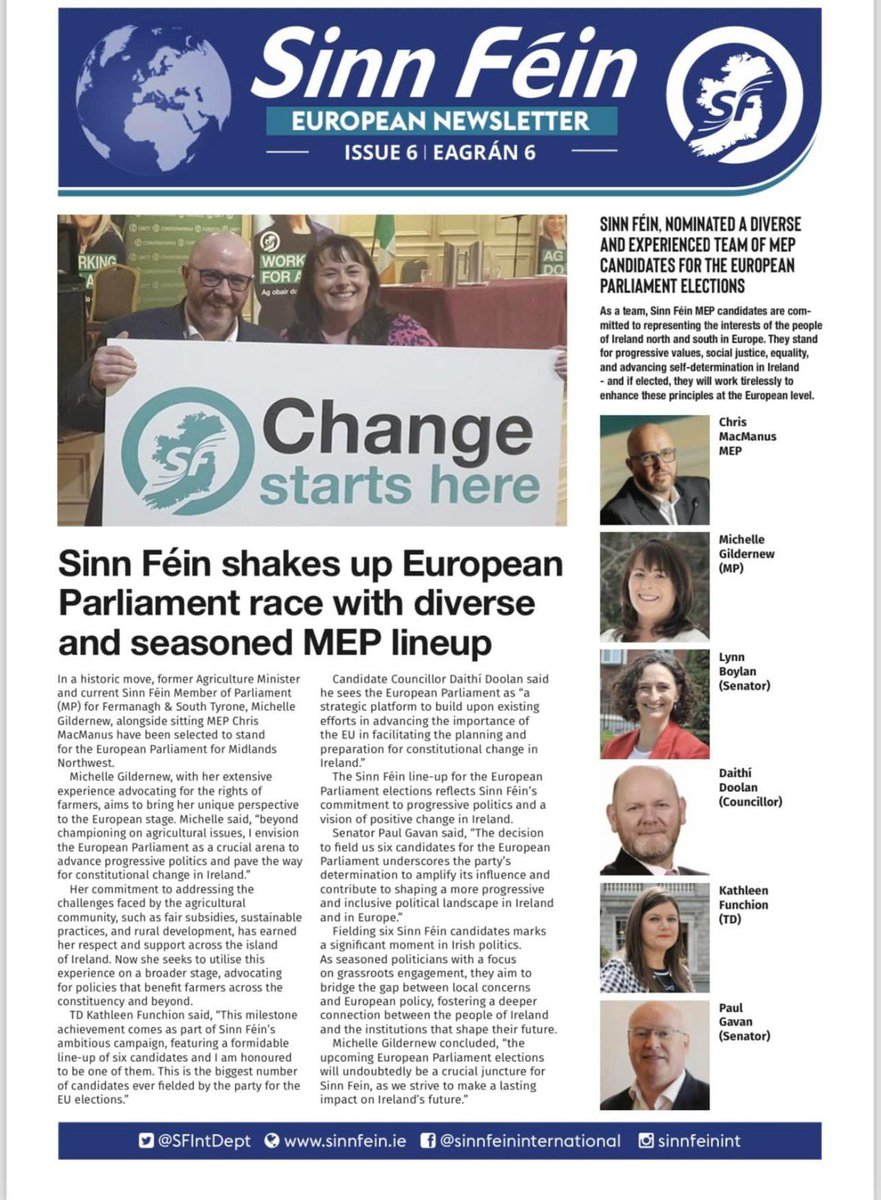 Sinn Féin shakes up European Parliament race with diverse and experienced candidate lineup, including @gildernewm & @MacManusChris in the Midlands-North West contituency 🇮🇪 #ChangeStartsHere #EE24