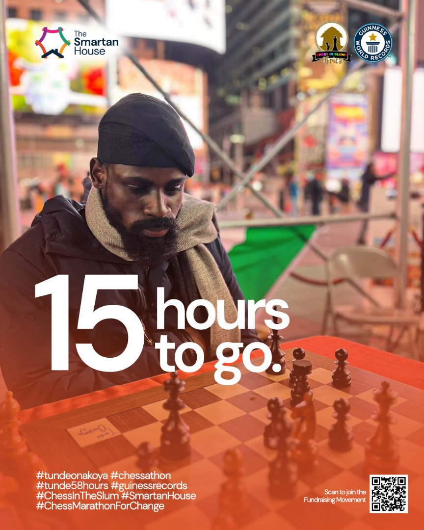 Rook Solid! 15 hours left on the clock, Tunde! Stand strong like a Rook and conquer this challenge! #tundeonakoya #Chessinslumsafrica #tunde58hours #Tunde58hoursofChess #ChessInTheSlum #SmartanHouse #ChessMarathonForChange