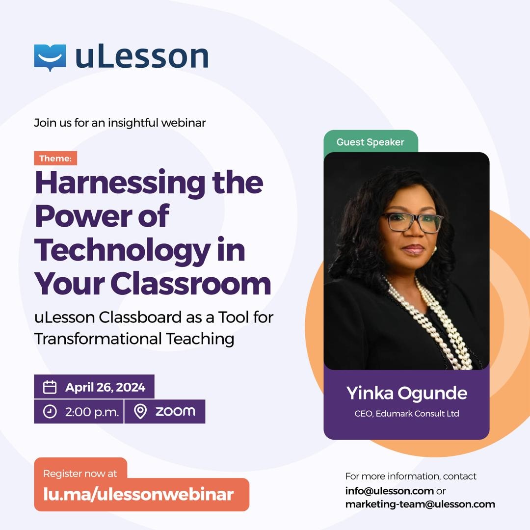 theschsearchb's tweet image. Join us for a webinar on April 26th at 2PM on Zoom to discover how @ulessonapp Classboard can transform your teaching and make learning fun and effective for your students.

@Yinkaogunde1, CEO of @EdumarkNG will be speaking.

Register now lu.ma/ulessonwebinar

#uLesson