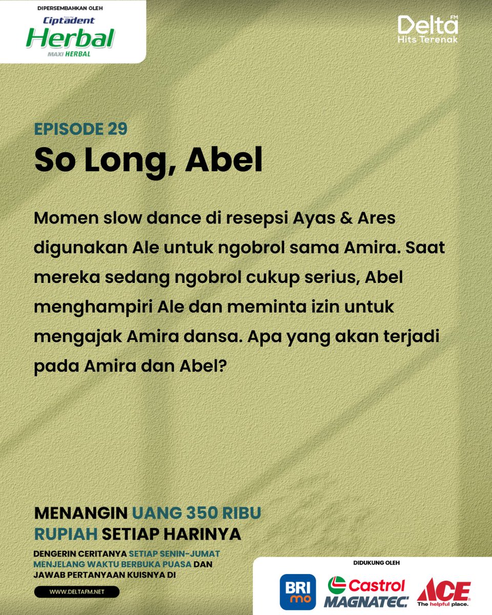 350ribu masih siap mimin bagiin buat kamu yang beruntung!

Tinggal jawab pertanyaan ini:
Siapa yang bertemu Ale sebelum Helen datang?
A. Abel
B. Thalia

Jawab pertanyaannya di deltafm.net lalu klik banner The Stories Season 4 ya!✨

#TheStories4
#TheStories
