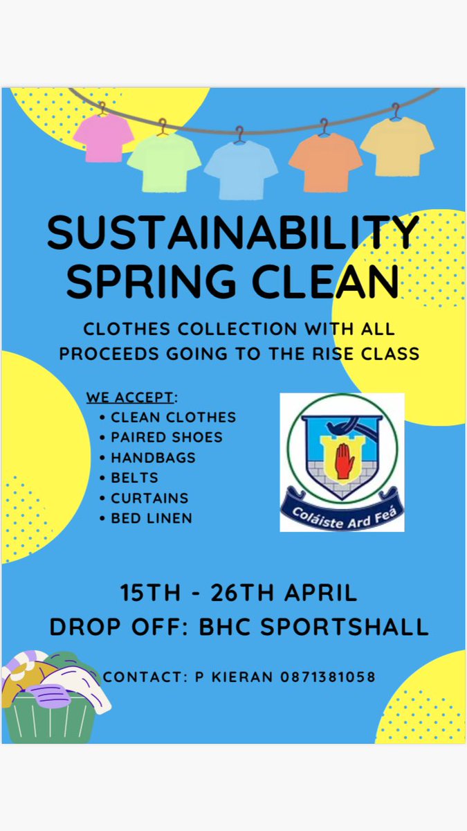Our Sustainability Spring Clean ends on Friday 26th of April. Any member of the school community or general public is welcome to drop items to the Sportshall. Proceeds will go to our RISE Classroom. @NorthernSoundFM @theNSMonaghan