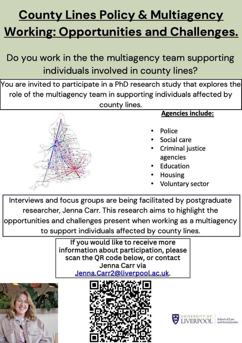 I’m looking for #multiagency staff who work with victims of County Lines exploitation to participate in a project on the opportunities and challenges of multiagency working. Please get in touch with jenna.carr2@liverpool.ac.uk for more info, or scan QR code below!