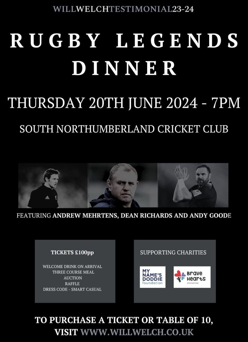 Rugby Legends Dinner
To purchase tables of 10 or individual tickets go to willwelch.co.uk