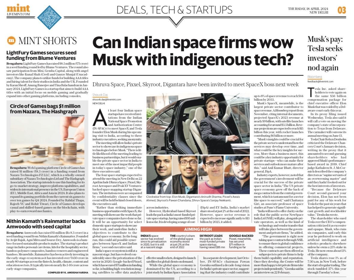 I shared with @distantvicinity of @livemint, 'The US private space economy grew off the back of central (read federal) government, which is tantamount for a sector like space to succeed.' For optics, the meeting is between a well-backed emerged player and many emerging players