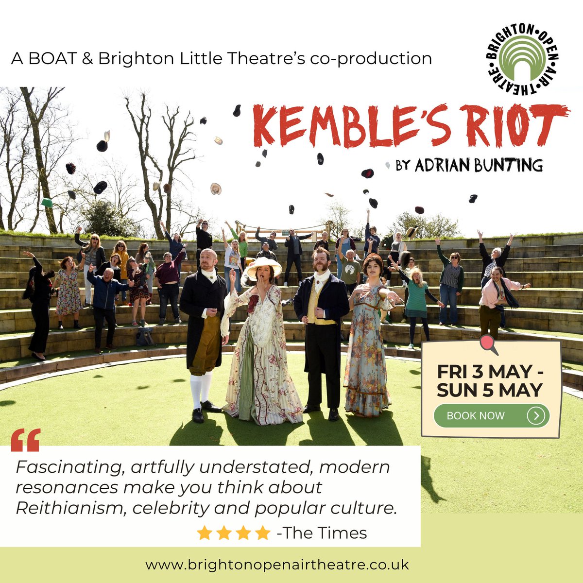 BOATheatre's tweet photo. I predict a riot!

To open BOAT’s tenth summer season, we are reviving our late founder Adrian Bunting’s hilarious and seminal play, Kemble’s Riot, in a first-ever co-production with Brighton Little Theatre.

Age: 8+

Book now: https://t.co/ZwpmmD0Xbe
.
@brighton_little https://t.co/CBWaGPTEjj