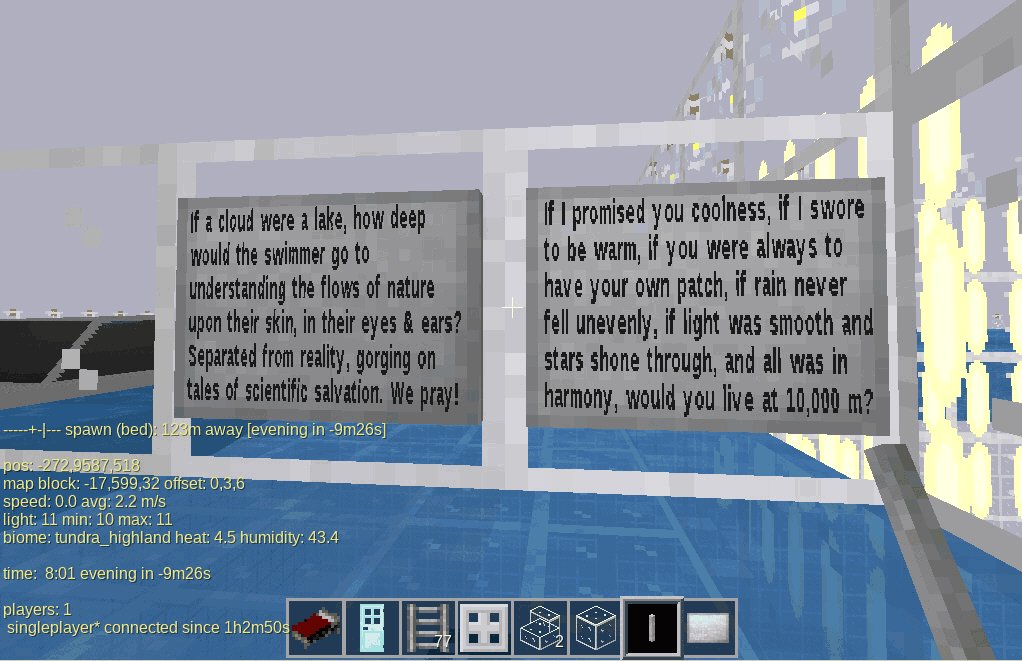 WaysOfWord's tweet photo. ...and be free to write within a 3D writing environment. Total respect to all MineTest game and mod developers! THX for reading and I will put up a little composite of example screenshots, below. ☘ Mickey McNeill aka NacKKraft https://t.co/o6swXPC0WM