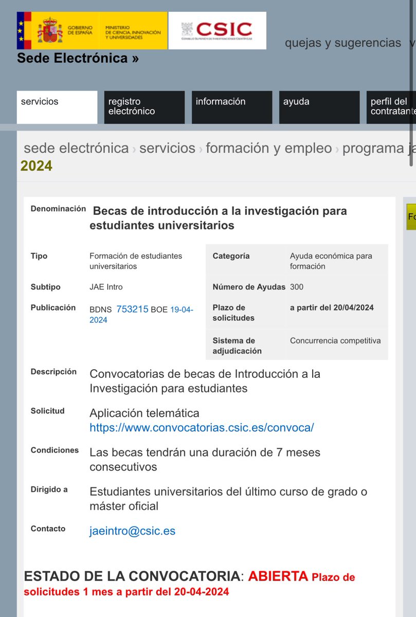 📆 ABIERTA la convocatoria de becas de introducción a la investigación para estudiantado universitario del @CSIC, una excelente oportunidad para iniciar la carrera investigadora. Plazo hasta el 30 de mayo de 2024. 🔗 Toda la info aquí: sede.csic.gob.es/intro2024/