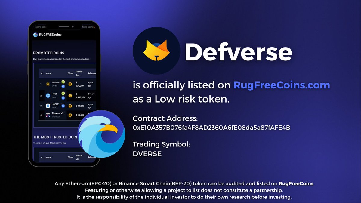 ' @DefVerseNFT ' has been reviewed and listed on RugFreeCoins as a low-risk token. rugfreecoins.com/coin-details/2… #rugfreecoins #scamfree #defverse #BSC #BNB #Web3 #Binance #CryptoCommunity #gamefi t.me/defversenft