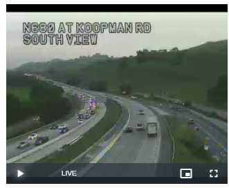 #Pleasanton to #Sunol -- Southbound #Interstate680 is slow in stretches from Stoneridge past #Highway84. There's a crash near Sheridan on the right shoulder. (Photo: @CaltransD4) #KCBSTraffic.