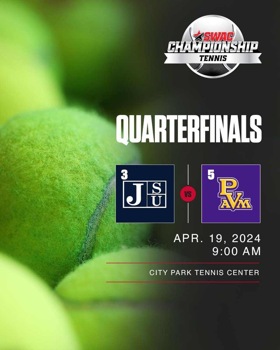 Women's Quarterfinals 🎾 No. 3 @gojsutigers vs No. 5 @pvamupanthers ⏰ 9AM CST 🏟️ City Park Tennis Center 📍 New Orleans, LA #SWACWTEN | #BuildingChampionsForLife