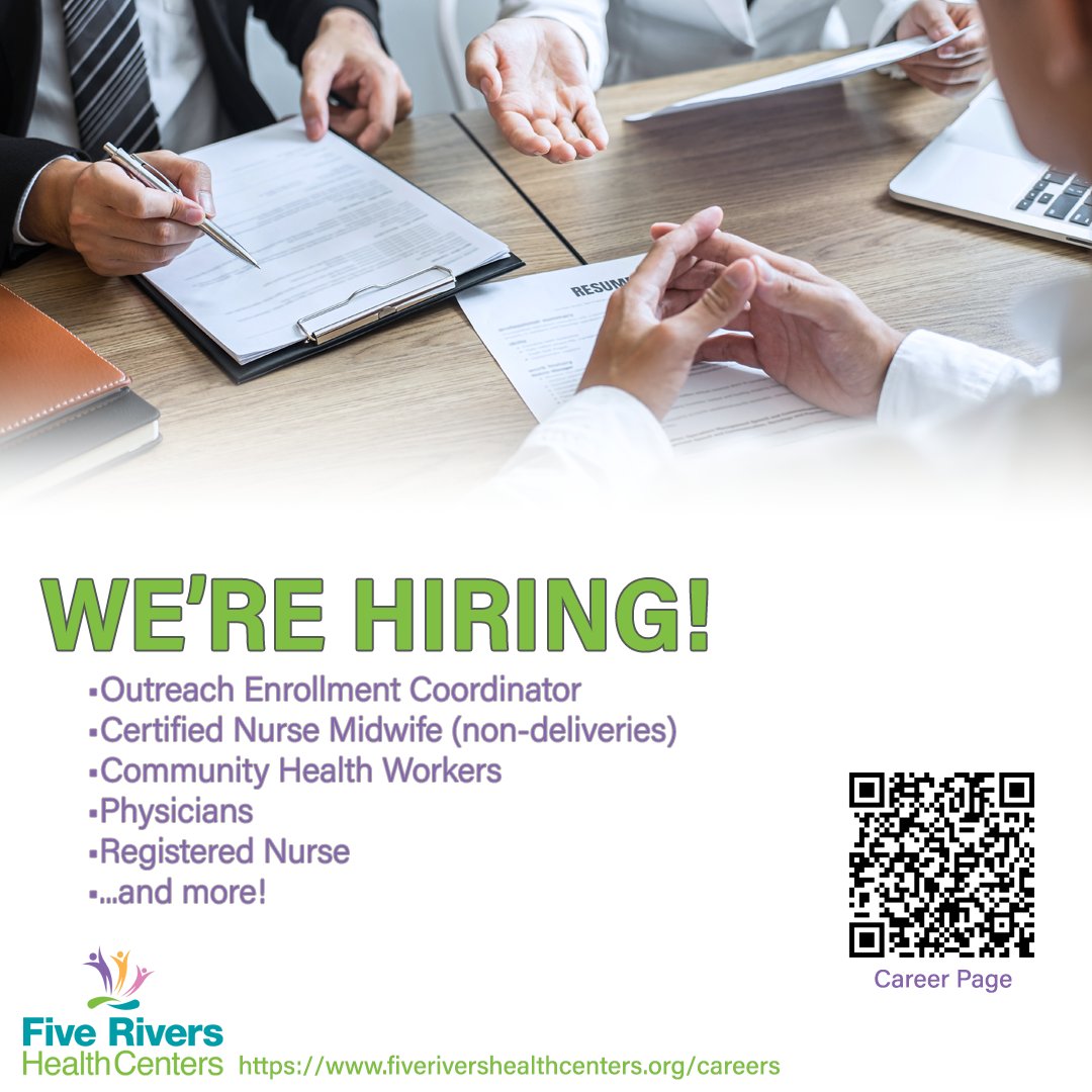 WE'RE HIRING!

We have positions available for people of all skill levels. Some even come with a sign-on bonus!

Visit our careers page by following the QR code or going to fiverivershealthcenters.org/careers.

#hiring #healthcare #careers #healthcarehiring