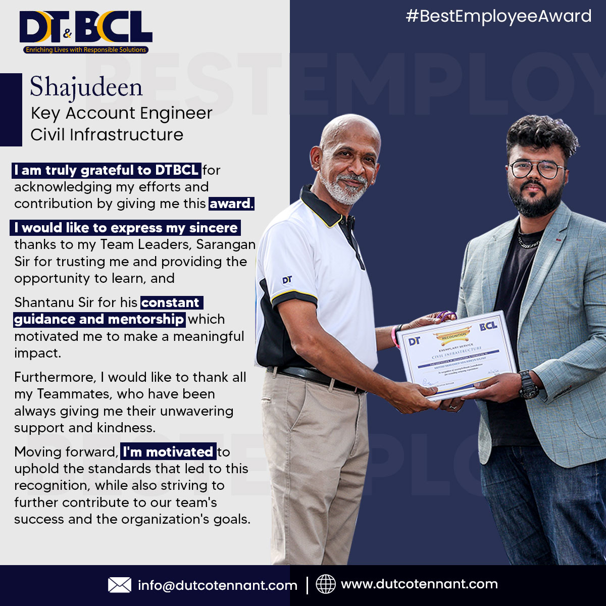 Congratulations, Muthu Mohamed Shajudeen for your exemplary service! Proud to have you as part of our team. 🌟🏆 

Nagarajan C.V. #employeerecognition #excellence #teamwork #congratulations #recognition #proudmoment #DTBCL #DutcoTennantLLC