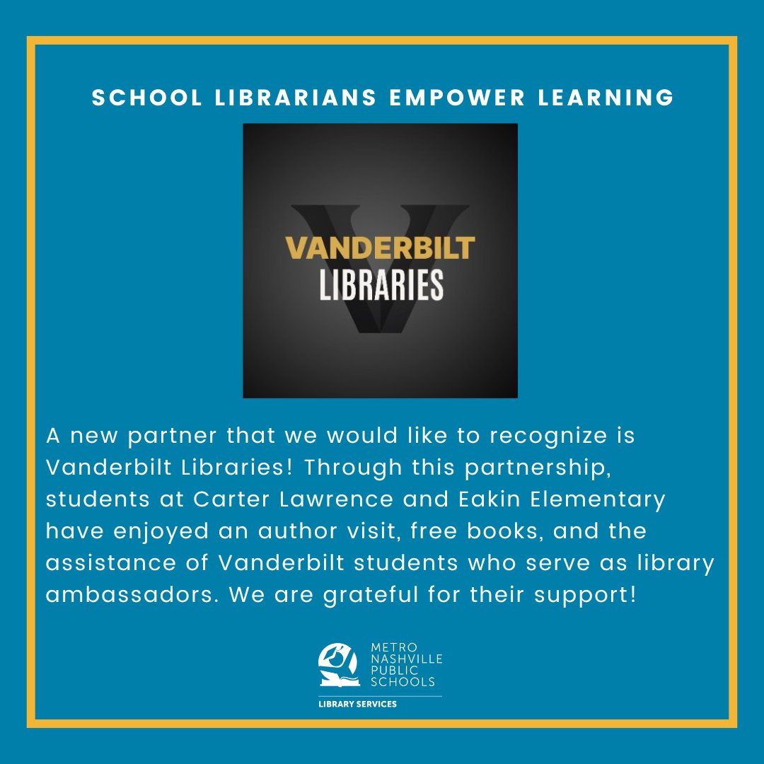 A new partner that we would like to recognize is Vanderbilt Libraries! Students at Carter Lawrence and Eakin have enjoyed an author visit, free books, and the assistance of Vanderbilt students who serve as library ambassadors. We are grateful for their support! @VandyLibraries