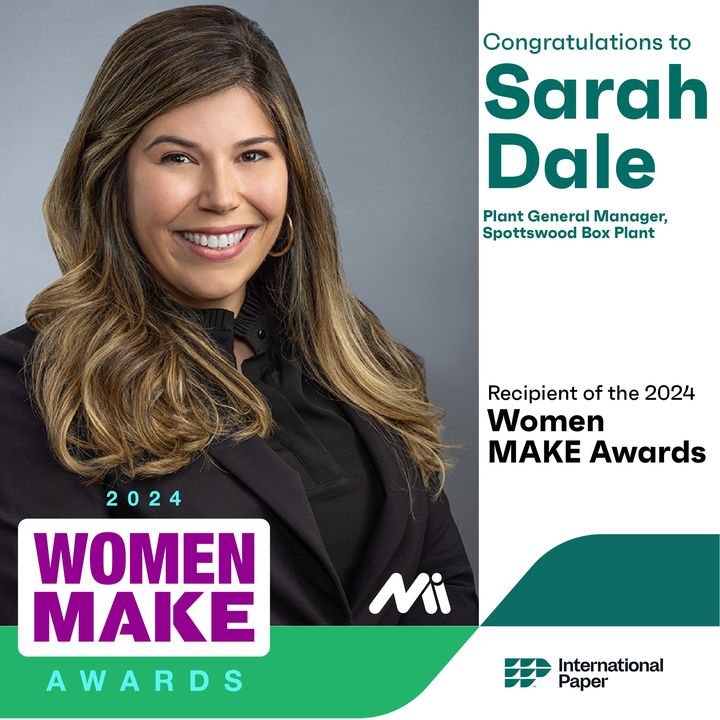 Congratulations to Sarah Dale for receiving the Women MAKE award from The Manufacturing Institute, recognizing women in manufacturing for their commitment to excellence. You exemplify what make us #ProudToBeIP! Read Sarah's story on our website: bit.ly/3Jm8qhl