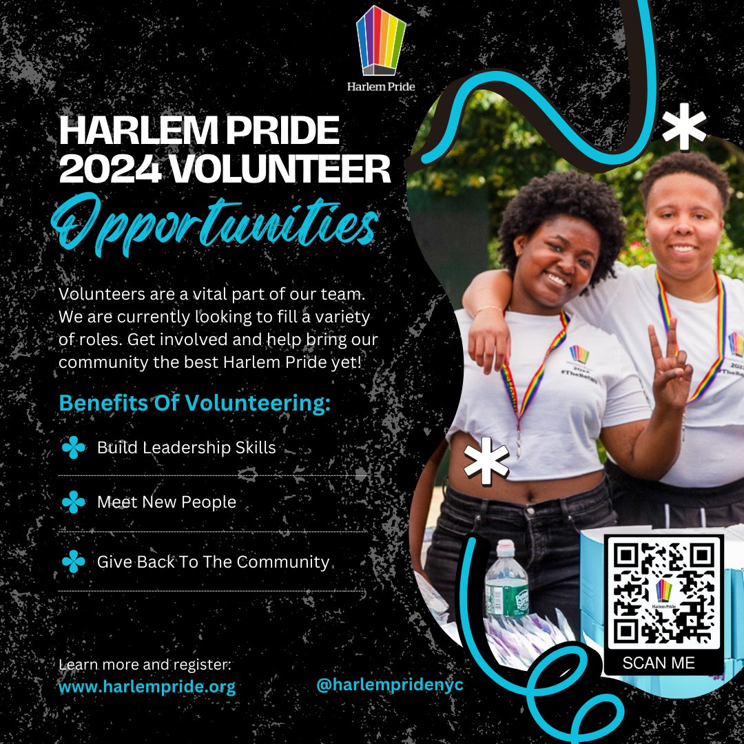 We are looking to fill volunteer roles to support the 15th Annual Harlem Pride Celebration Day on Saturday, June 29. Volunteering is fun and allows you to build leadership skills, meet new people, and give back to the community. Click to sign up now: linktr.ee/harlempridevol…