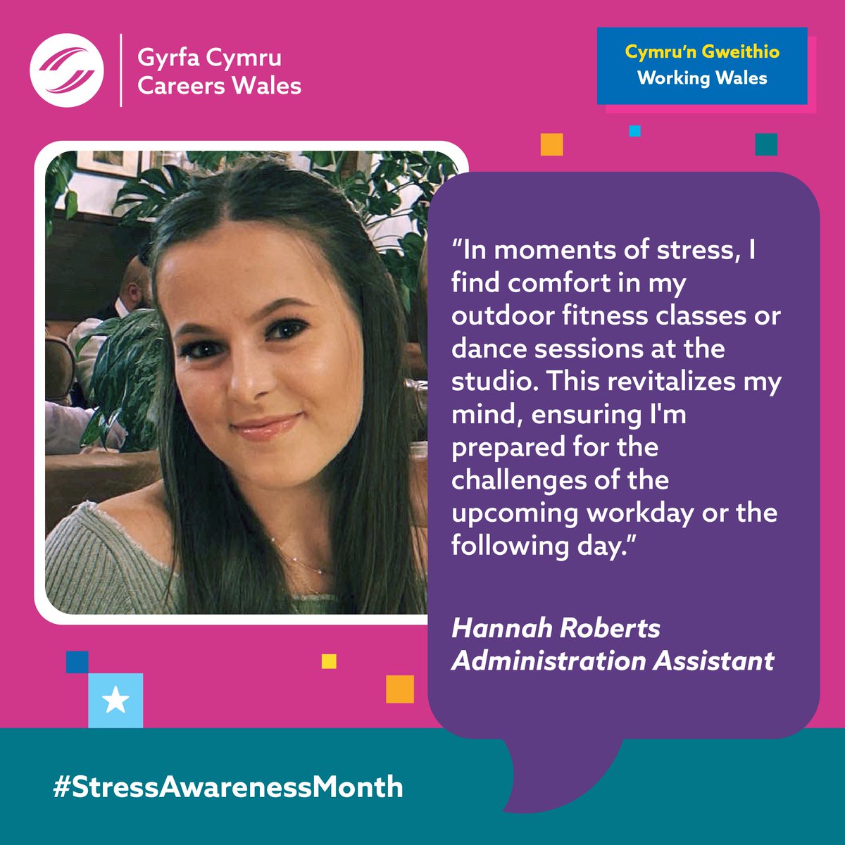 This #StressAwarenessMonth we’re sharing top tips from colleagues across @CareersWales on how they cope with stress 😊 Thanks to Administration Assistant Hannah for sharing her tip with us this week 💭 Your mental health matters! For further support: mind.org.uk/information-su…