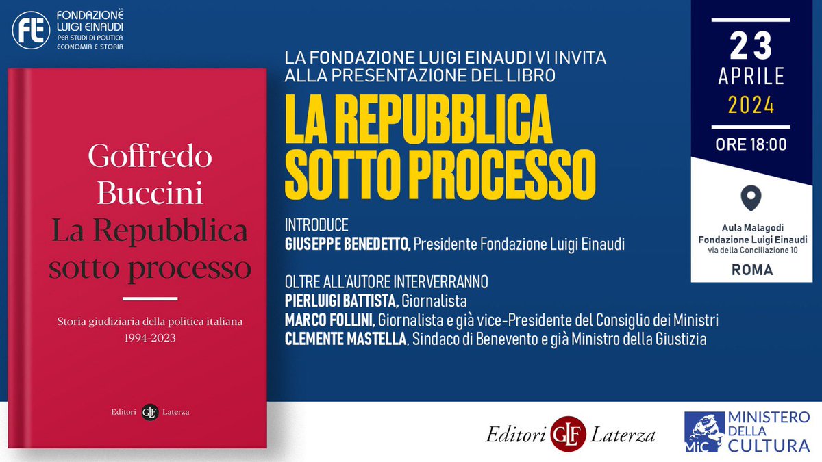 Ci vediamo martedì per la presentazione de 'La Repubblica sotto processo' di @GoffredoBuccini. Oltre all'autore interverranno @PierluigiBattis, @MarcoFollini e @clemastella. Introduce il Presidente @avvbenedetto. Per accreditarti scrivi a: accrediti@fondazioneluigieinaudi.it